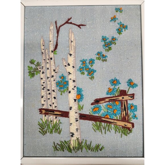 Birch Trees & Flowers Cross Stitch Art Framed 14.75x11.5" Needlepoint - Picture 10 of 10